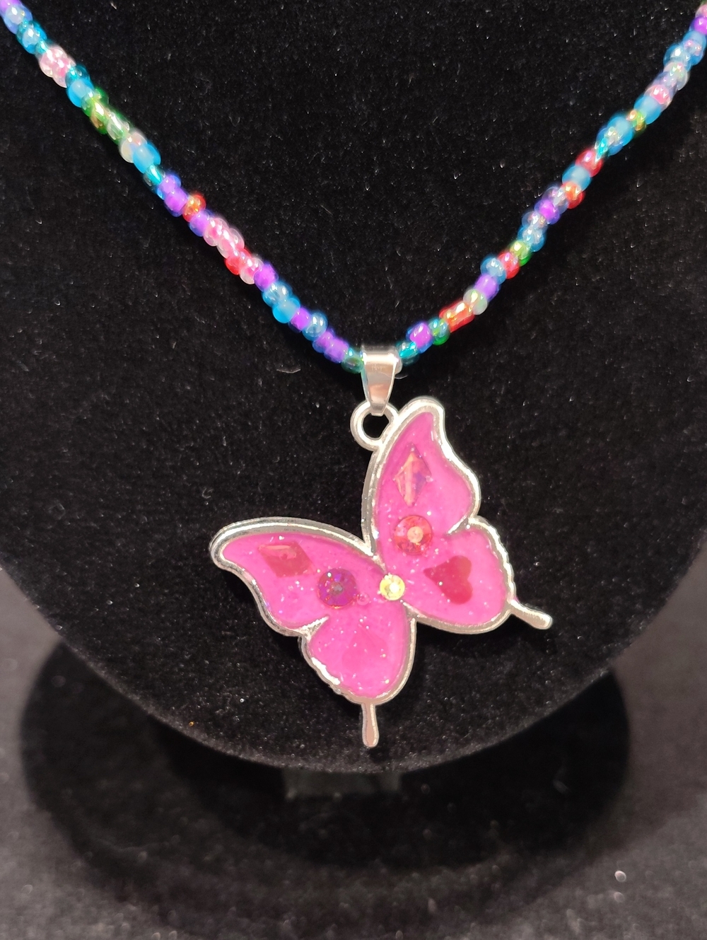 Whimsical Flutter Handcrafted Resin Butterfly & Rainbow Seed Bead Necklace